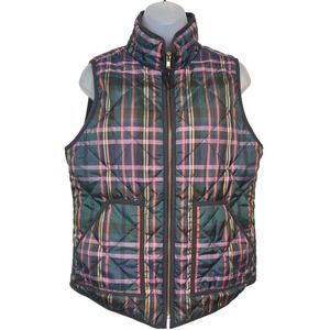 J Crew Plaid Vest Green Pink Yellow Zip Front Stand Collar Women Sz Small